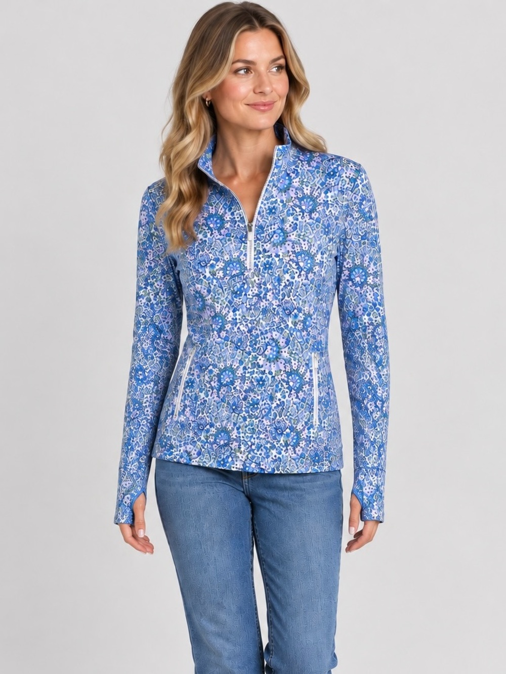 Laura Ashley Blue Floral Quarter-Zip Pullover Jacket Women’s XL Active Outdoors
